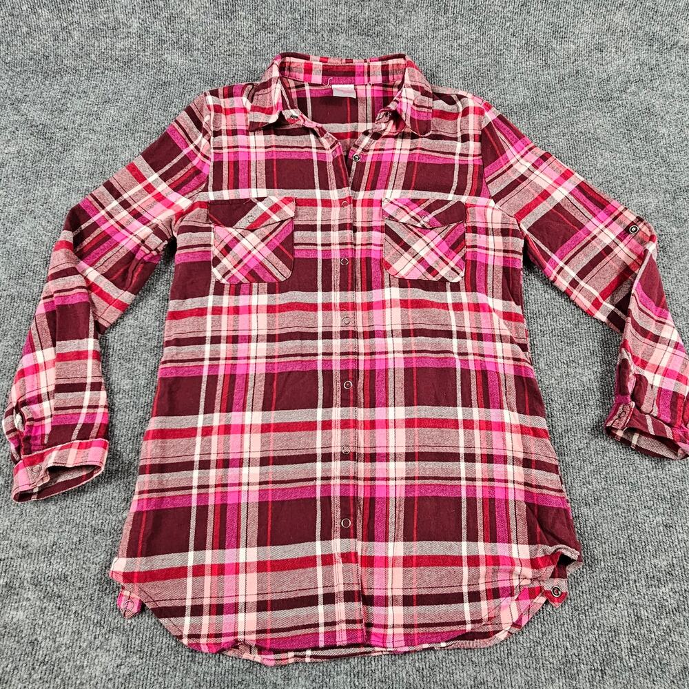 Pink Flannel Plaid Womens Size 7-9 Long Sleeve Shirt Button Tab Sleeve